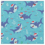 Cute Christmas Sharks on blue background Fabric