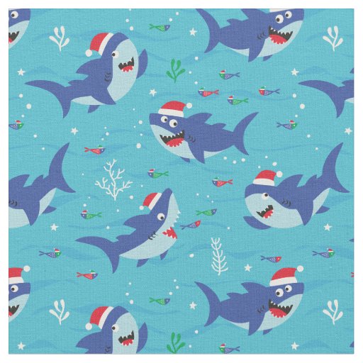 Cute Christmas Sharks on blue background Fabric