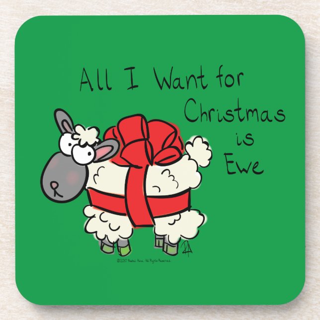 Cute Christmas Sheep Cartoon Beverage Coaster (Front)