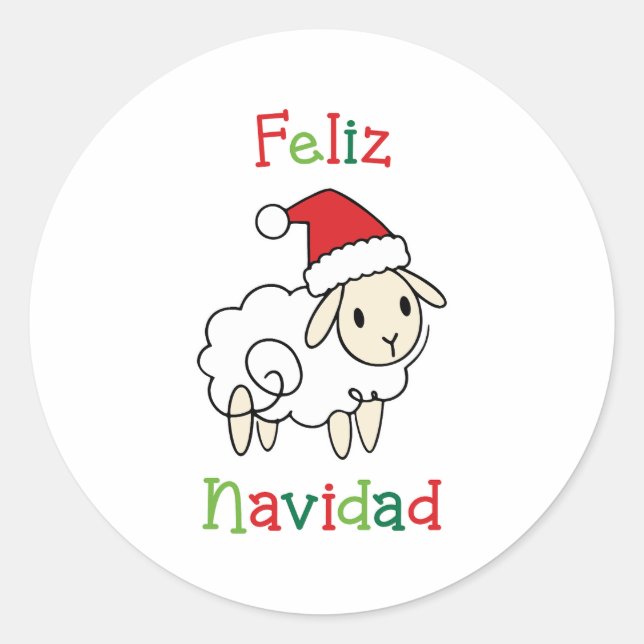 Cute Christmas Sheep – Feliz Navidad Classic Round Sticker (Front)