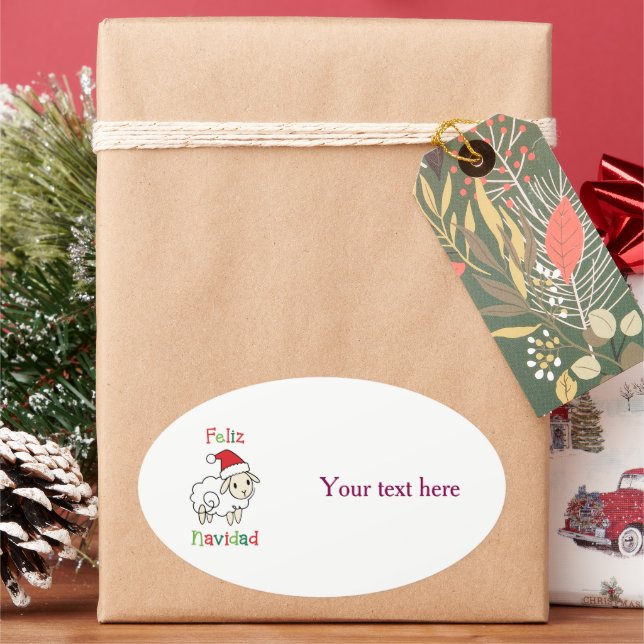 Cute Christmas Sheep – Feliz Navidad Oval Sticker (Holiday)