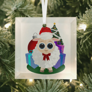 Cute Christmas Sheep Festive Holiday Round Glass Ornament