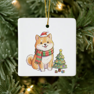 Cute Christmas Shiba Inu in Santa Hat & Scarf Holi Ceramic Ornament