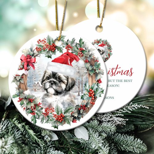 Cute Christmas shih tzu dog puppy Santa hat Ceramic Ornament