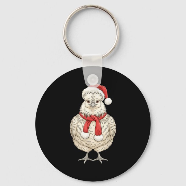 Cute Christmas Silkie Chicken Santa Farm Animal  Keychain (Front)