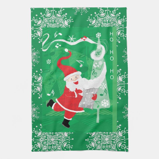 Cute Christmas, Singing and Dancing Santa Claus Kitchen Towel (Vertical)