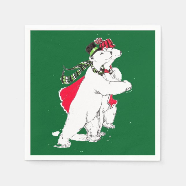 Cute Christmas Skating Polar Bear Holiday Designed Paper Napkins (Front)