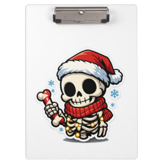 Cute Christmas Skeleton Holding Candy Cane Kawaii  Clipboard