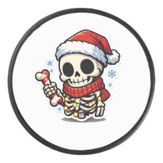 Cute Christmas Skeleton Holding Candy Cane Kawaii  Hockey Puck