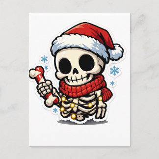 Cute Christmas Skeleton Holding Candy Cane Kawaii  Postcard