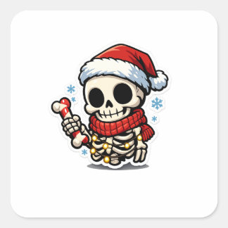 Cute Christmas Skeleton Holding Candy Cane Kawaii  Square Sticker