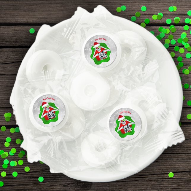 Cute Christmas Skeleton Ornaments Santa Hat Circle Life Saver® Mints (Cute Christmas Skeleton shiny ornaments Santa hat in splatter on white circles on candy mint favours)
