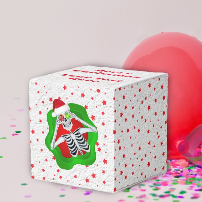 Cute Christmas Skeletons Hats Red Stars on white Favor Boxes (Funny Skeleton ornament eyes hat Red and green on textured white with red stars Christmas gift box.)
