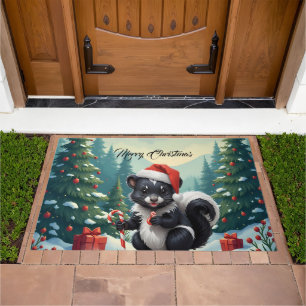 Cute Christmas Skunk Cartoon Doormat
