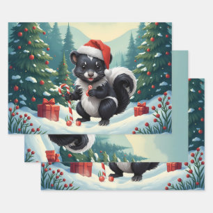 Cute Christmas Skunk Cartoon Wrapping Paper Sheets