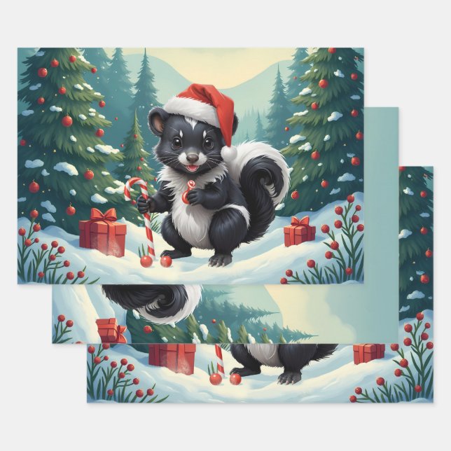 Cute Christmas Skunk Cartoon  Wrapping Paper Sheets (Set)