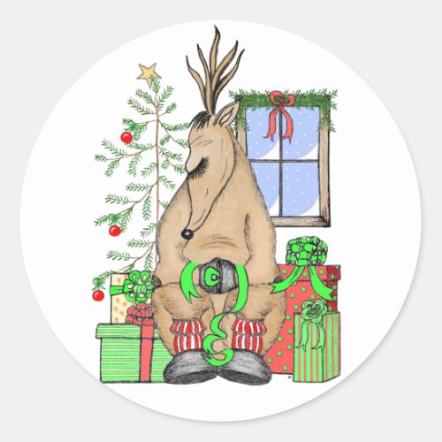 Cute Christmas Sleepy Reindeer Wrapping Gifts Classic Round Sticker