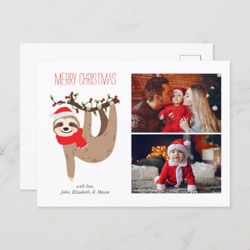 Cute Christmas Sloth 2 Photo Collage Holiday Postcard