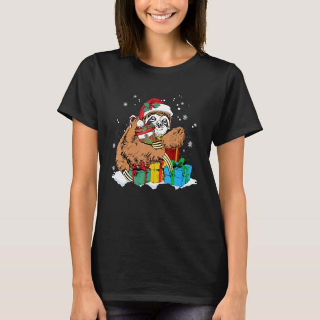 Cute Christmas Sloth and Santa Claus Hat T-Shirt (Front)