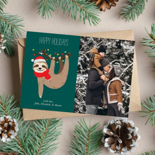 Cute Christmas Sloth Custom Photo Holiday Card
