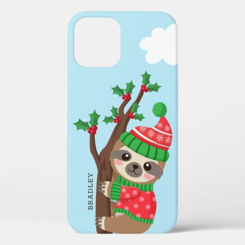 Cute Christmas Sloth Modern Personalized Name iPhone 12 Case