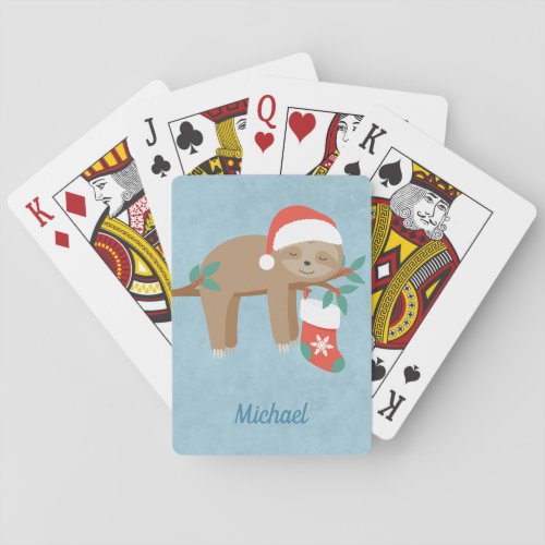 Cute Christmas Sloth Personalized Name Playing Cards