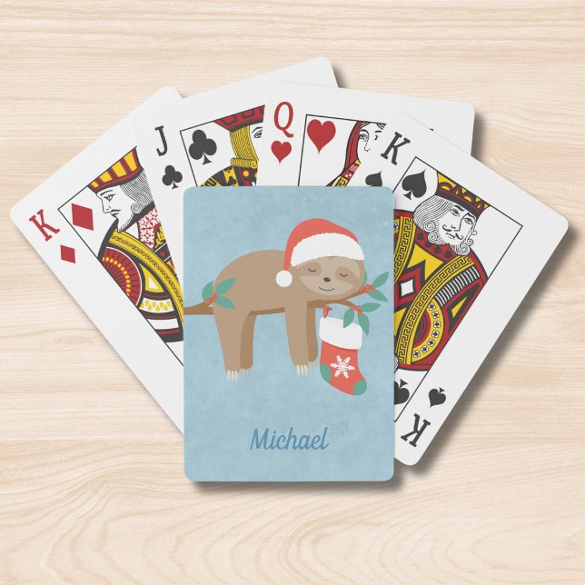Cute Christmas Sloth Personalized Name Poker Cards (Creator Uploaded)