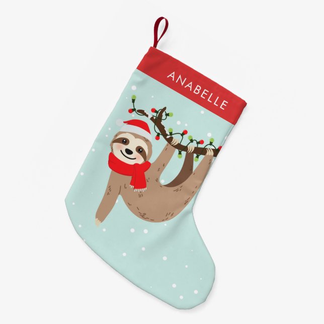 Cute Christmas Sloth Personalized Small Christmas Stocking (Front (Hanging))