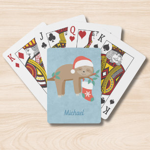 Cute Christmas Sloth Santa Hat Personalized Name Poker Cards