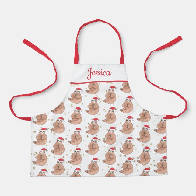 Cute Christmas Sloth Stars Kid's Name Apron (Front)