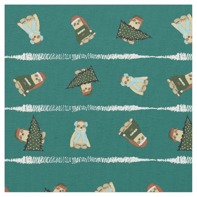 Cute Christmas Sloths Holiday Fabric By The Yard (Close Up)