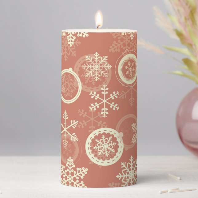 Cute Christmas Snow Flake Red Illustration Pattern Pillar Candle (In Situ)