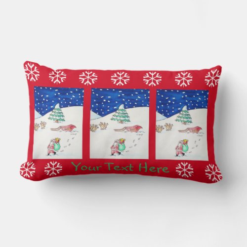 Cute christmas snow scene with santa and sleigh lumbar pillow