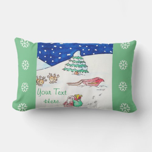Cute christmas snow scene with santa and sleigh lumbar pillow