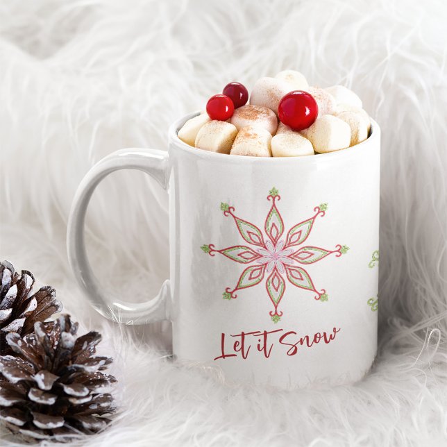 Cute Christmas Snowflake Custom Coffee Mug (Whimsical Christmas Snowflake mug with "let it Snow" quote)