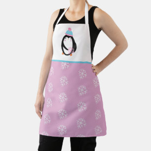 Cute Christmas Snowflake Penguin Pink Holiday Apron