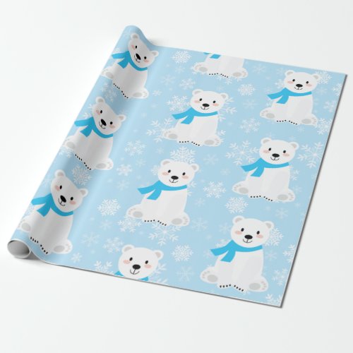 Cute Christmas Snowflakes Polar Bear Baby Boy Blue Wrapping Paper