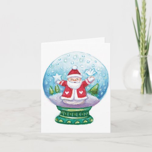 Cute Christmas Snowglobe Santa Claus Star Bird Holiday Card