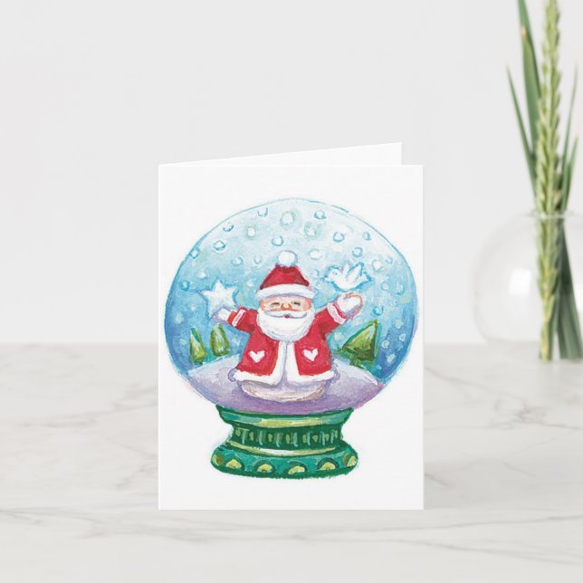 Cute Christmas Snowglobe Santa Claus, Star, Bird Holiday Card (Front)
