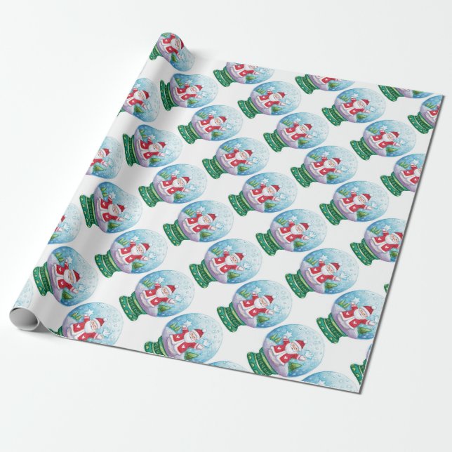 Cute Christmas Snowglobe Santa Claus, Star, Bird Wrapping Paper (Unrolled)
