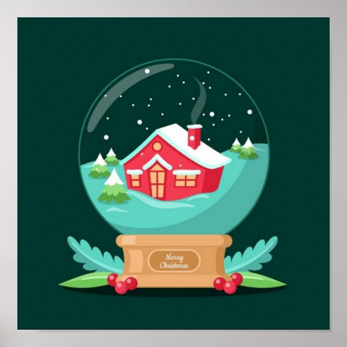 Cute Christmas Snowglobe _ Snow Covered House Poster