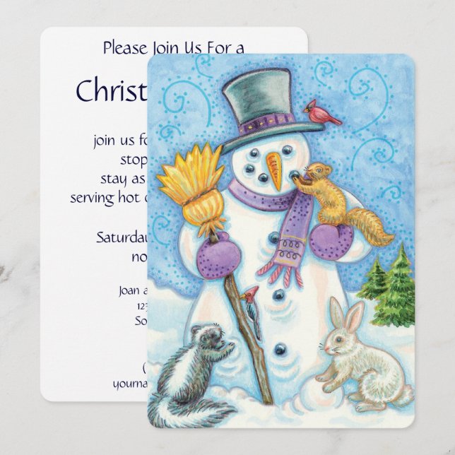 Cute Christmas Snowman and Animals Invitation (Front/Back)