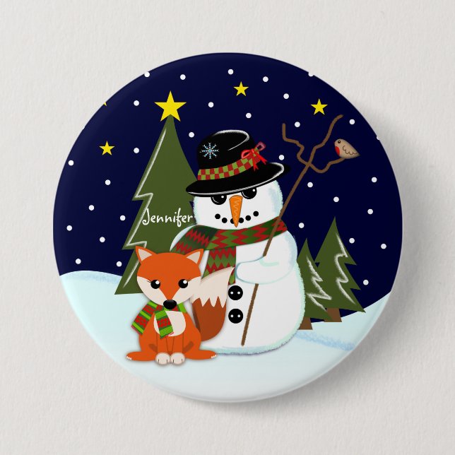 Cute Christmas Snowman and Fox and Custom name Button (Front)