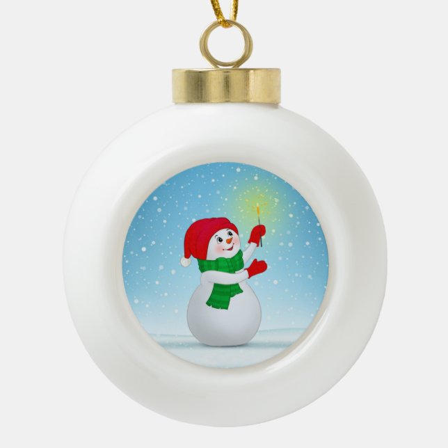 Cute Christmas Snowman and snowflakes Ceramic Ball Christmas Ornament (Front)