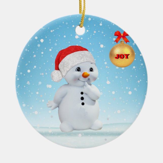 Cute Christmas Snowman and snowflakes Ceramic Ornament (Front)