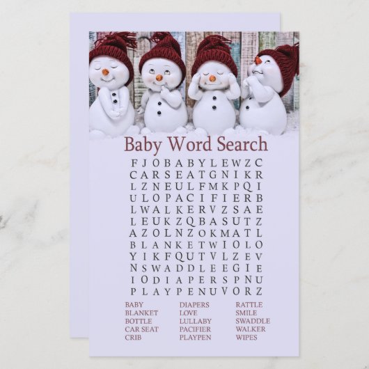 Cute Christmas Snowman Baby Shower Word Search (Front/Back)
