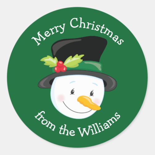Cute Christmas Snowman Custom Green From Gift Classic Round Sticker