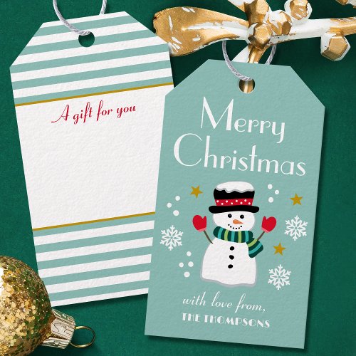 Cute Christmas Snowman Custom Name Blue Green Gift Tags