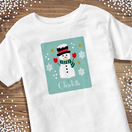 Cute Christmas Snowman Custom Name Blue Green Toddler T_shirt