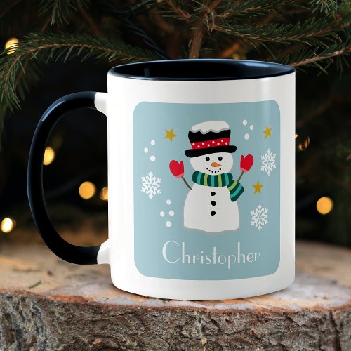 Cute Christmas Snowman Custom Name Blue Mug
